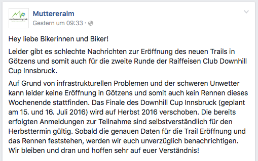 Facebook Post Muttereralm 20160712 Innsbruck Downhill Cup